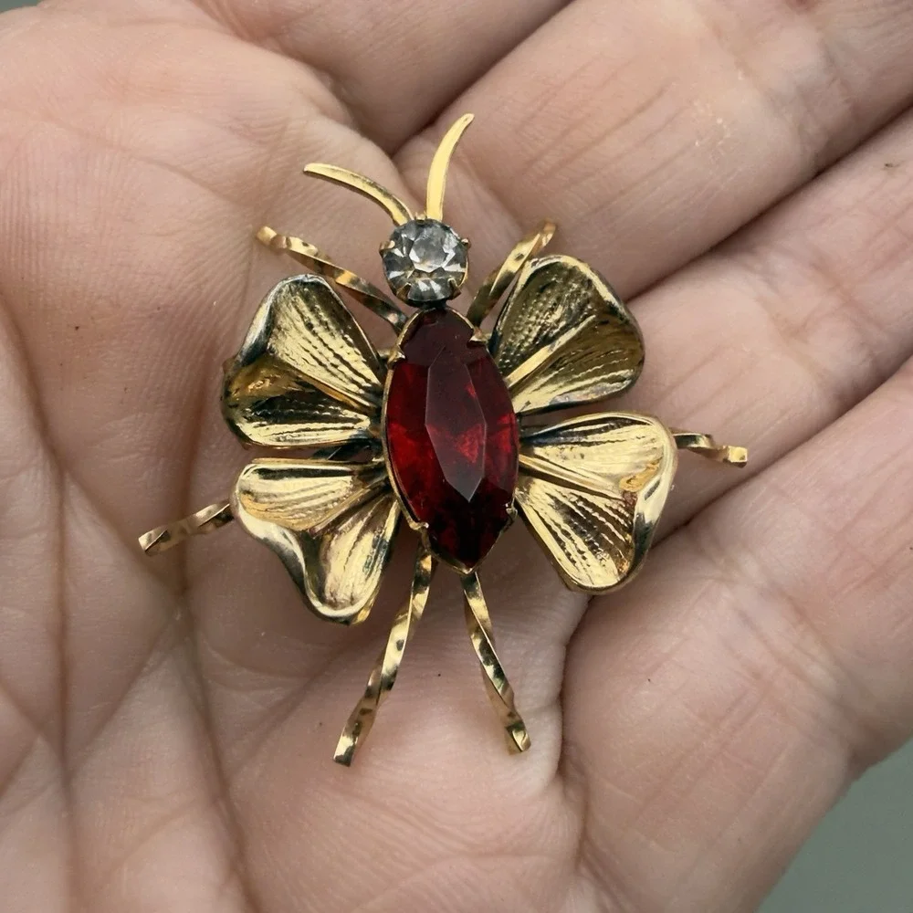 LINC Butterfly Brooch 1/20 12K Gold Filled Red Stone Insect Pin 1.5